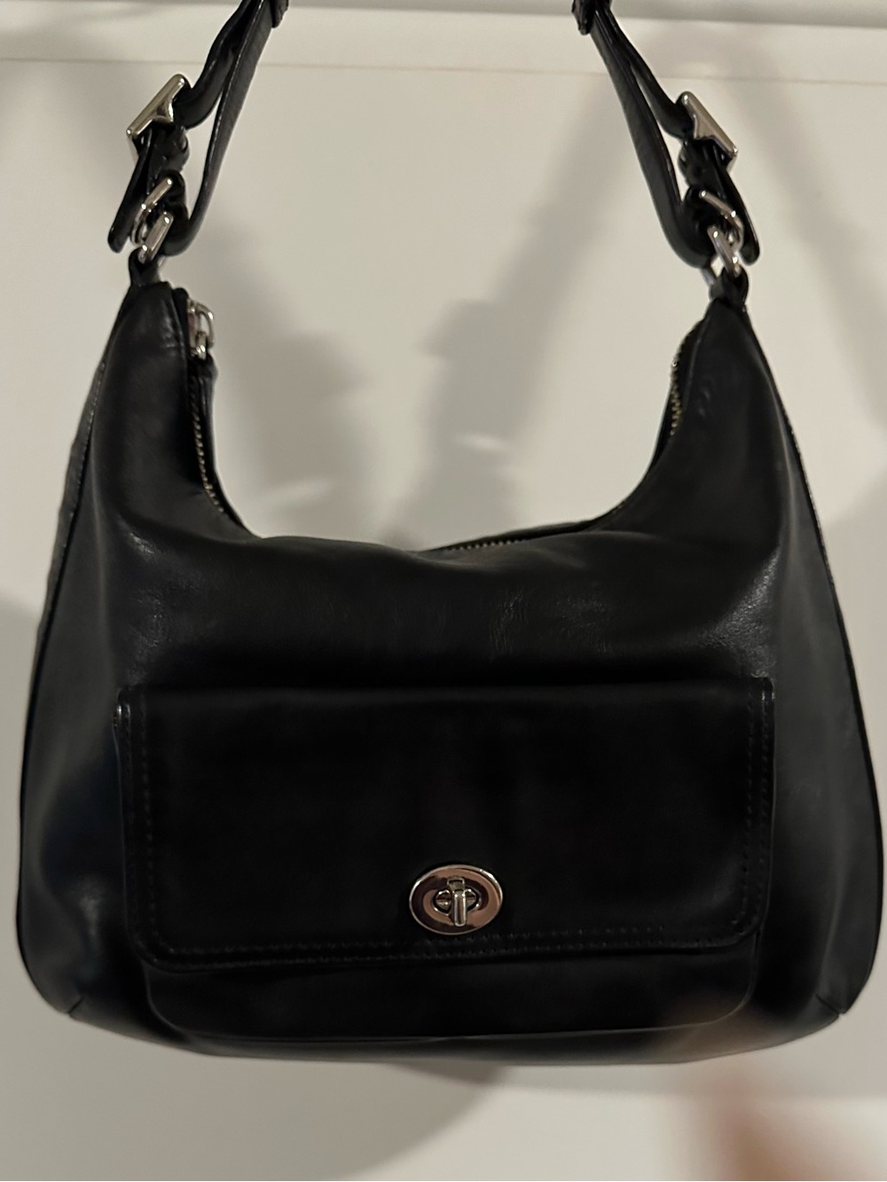 Coach Black Leather Shoulder Bag with Front Turn-Lock Pocket